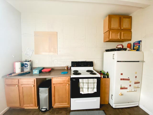 our kitchen after the cabinets fell off the wall